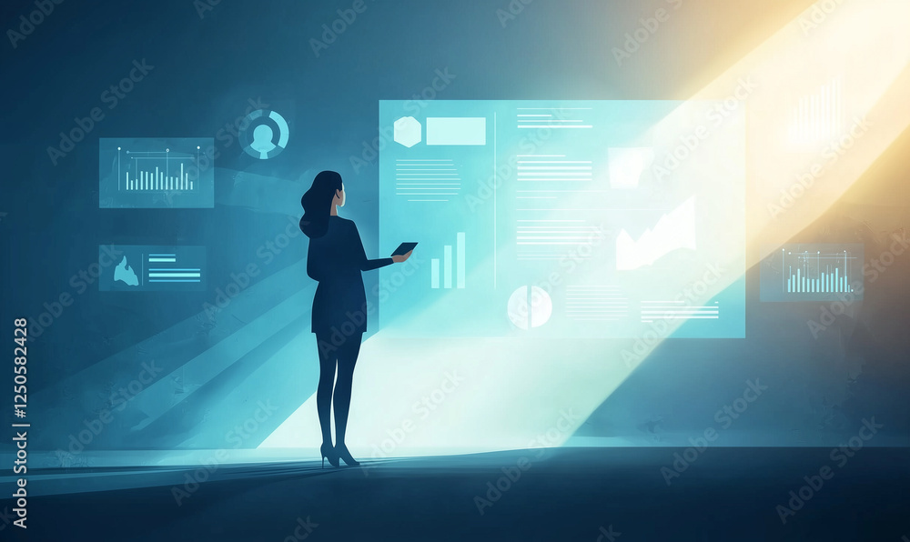 Poster a silhouette of a woman interacts with digital data displayed in a futuristic environment, illuminat