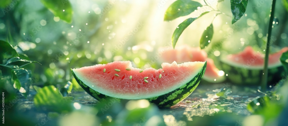Poster freshly sliced red watermelon on a natural background with sunlight filtering through leaves, creati