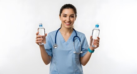 Smiling Nurse Holding Two Water Bottles