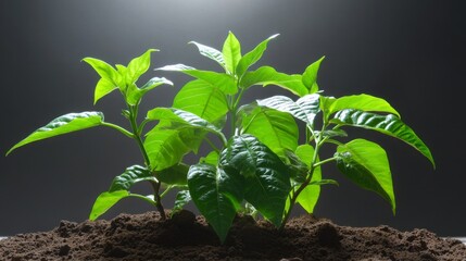 Lush Green Plants Emerging from Dark Soil Under Soft Light, Highlighting Fresh Growth and Vibrant Leaves in a Studio Setting for Nature and Gardening Themes