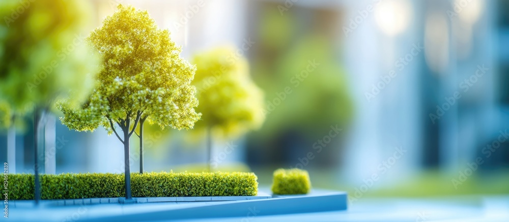 Aufkleber miniature building model surrounded by green trees and shrubs in public space with soft focus and ro