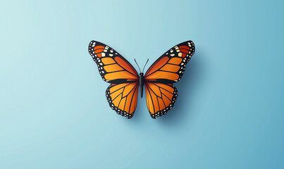 Obraz premium A vibrant orange butterfly with intricate patterns resting against a soft blue background.