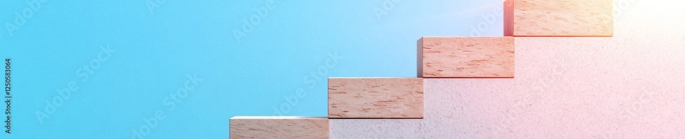 Poster Minimalist Growth Strategy Visualization Wooden Blocks Staircase on Gradient Surface - Business Progress Content and Modern Goal-Setting for Professional Development