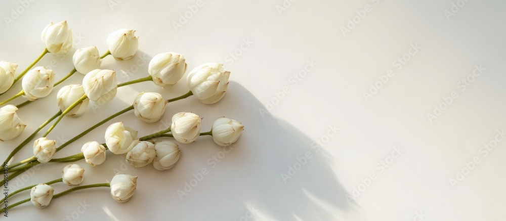Aufkleber minimalist composition of white lotus flower buds in sunlight with soft shadows and ample blank spac