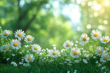 Fototapeta premium Beautiful spring meadow with white daisy flowers and green grass, blurred background with sunlight flares and copy space for banner design.
