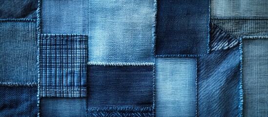 Denim texture patchwork background showcasing various shades of blue for fashion and design applications.