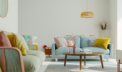 A bright and airy living room with two sofas. a coffee table. and a large window