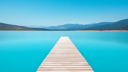 Obraz premium Serene Eco Landscape Rustic Wooden Pier Extending into Vibrant Blue Lake - Sustainable Environmental for Nature-Based Branding and Water Quality Campaigns