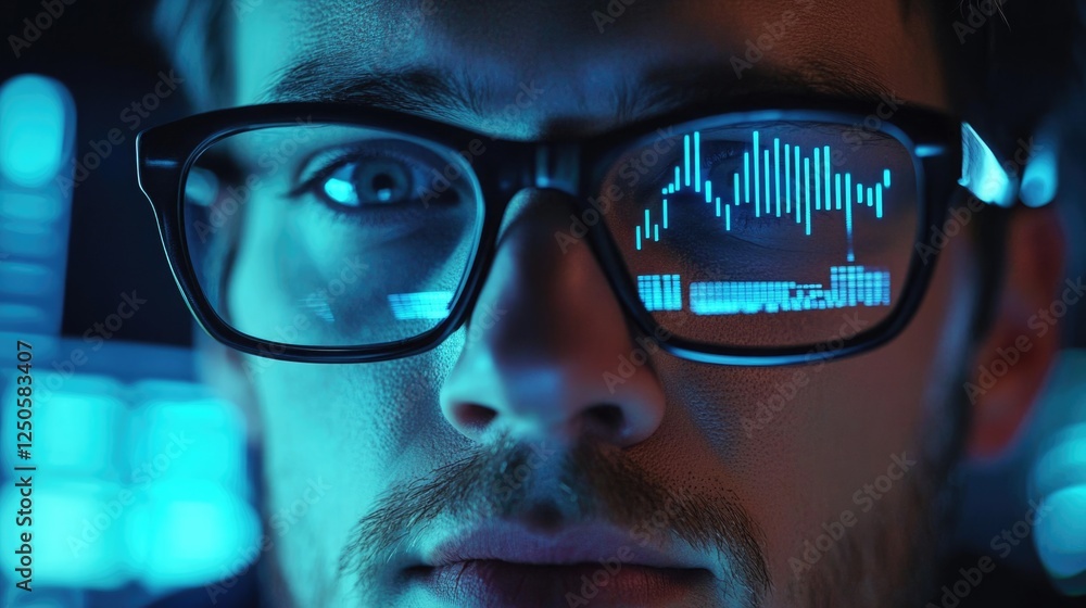 Poster corporate stock trader focused on data analysis with financial charts reflected in glasses in a high