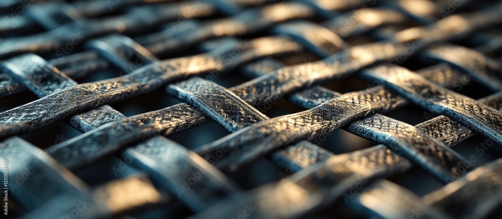 Poster intricate close-up of a woven metallic mesh pattern with textured surface and depth highlights