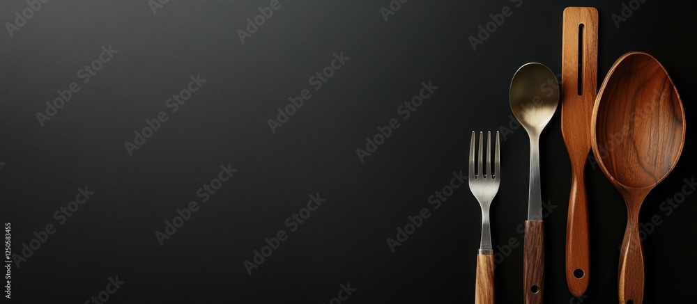 Poster stylish kitchen utensils arranged on a black background with ample space for custom text or branding