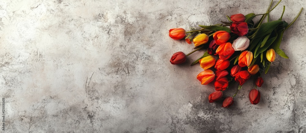 Poster vibrant tulip bouquet in various colors on a textured gray concrete backdrop with ample copy space f