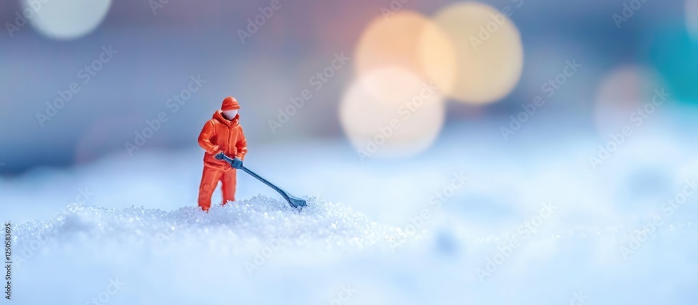 Poster miniature figure clearing snow in winter landscape with soft bokeh background and ample copy space f