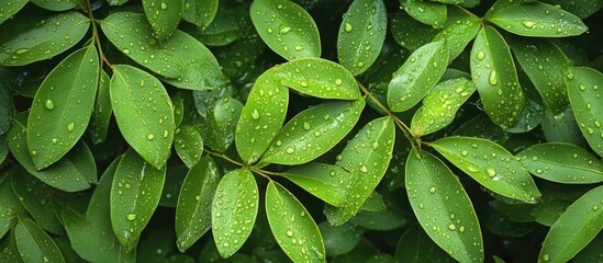 Fresh Green Leaves with Water Droplets Natural Background after Rain in a Park Setting Ideal for Nature and Wellness Themes