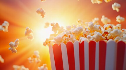 Freshly Popped Popcorn in Bright Light with Floating Kernels Creating a Vibrant Atmosphere, Ideal for Movie Night or Snack Time Imagery Capturing Fun Moments