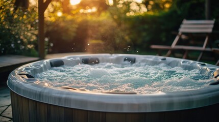 Relaxing Hot Tub at Sunset in Backyard Garden