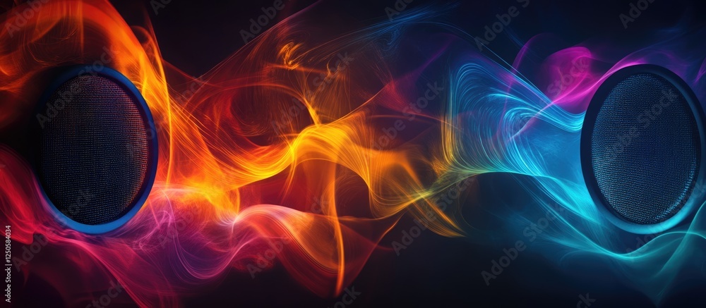 Poster vibrant sound waves emanating from modern speakers in a dark setting with space for text and creativ