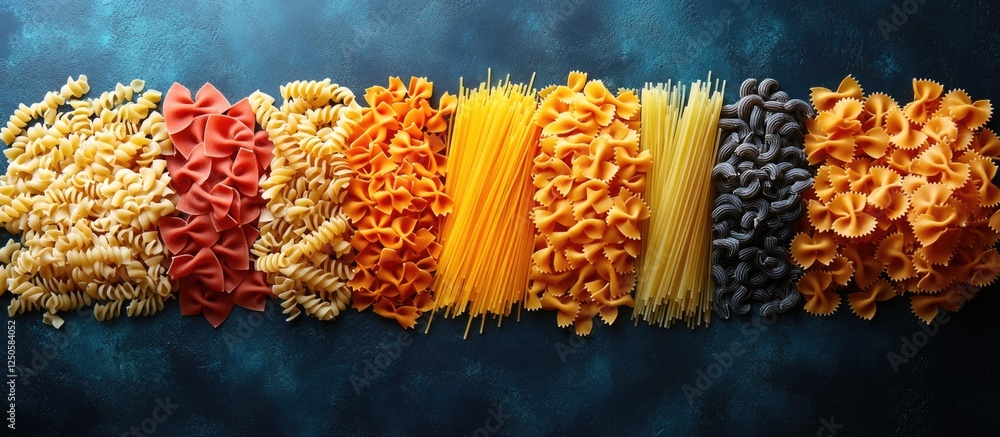 Poster colorful selection of various dried pasta types arranged on a blue background with ample copy space 