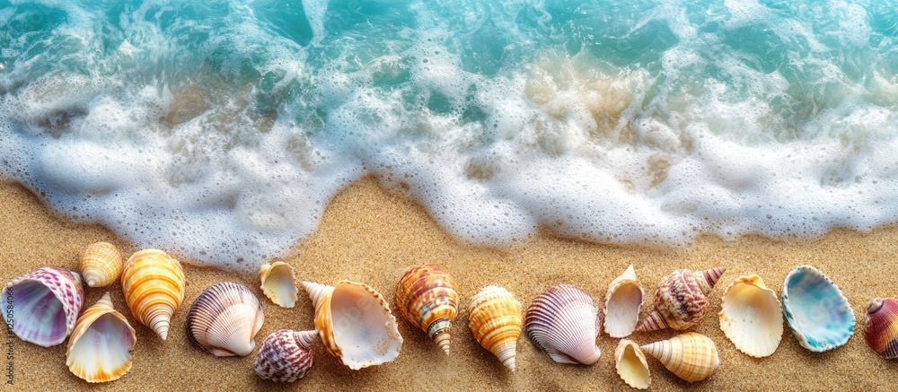 Aufkleber multicolored river seashells scattered on sandy beach with gentle waves creating a serene coastal ba