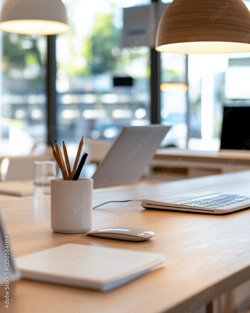 Aufkleber Sleek Nordic Office Desk Minimalist Wood and Metal Setup for Collaborative Workspaces - Enhancing Productivity and Modern Business Dynamics with Efficient Communication Tools