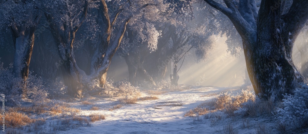 Aufkleber enchanting winter forest with frosted trees and soft sunlight casting shadows on a snowy path.