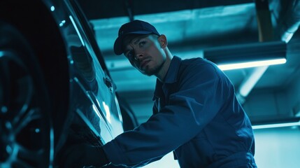 Dedicated Mechanic Inspecting Car in a Blue-Lit Automotive Service Shop