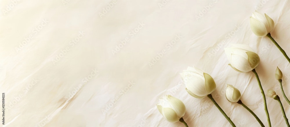 Poster elegant white lotus flower buds basking in sunlight with a serene blank space for adding custom text