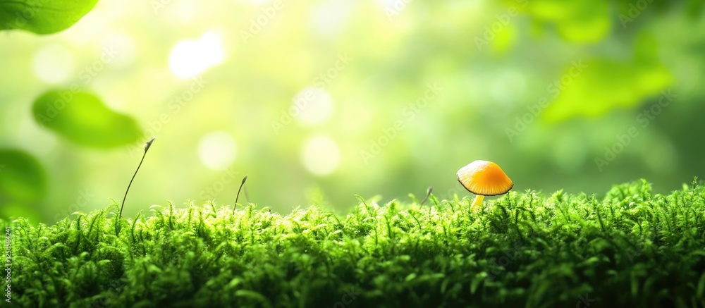 Poster mushroom growing on vibrant green moss in serene forest setting with soft sunlight filtering through