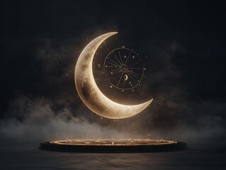 Mystical Astrology Decor Glowing Crescent Moon on Mirror with Zodiac Symbols - Celestial Home Design and Luxury Event Inspiration
