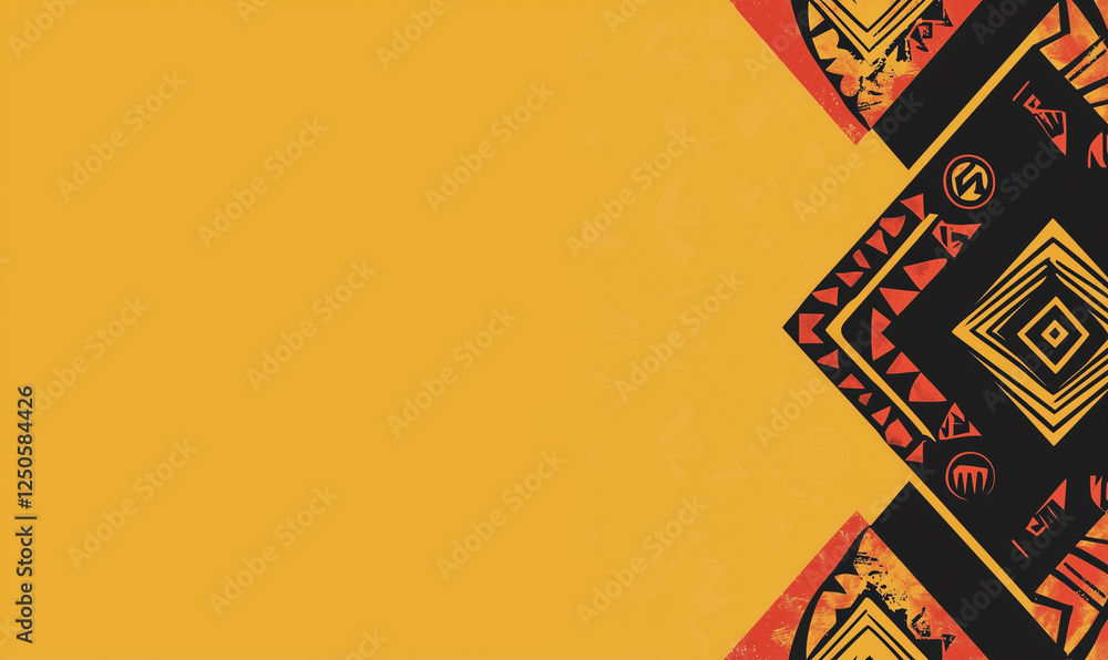 Aufkleber bright yellow background with intricate black and orange tribal patterns in the corner, creating a v