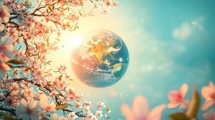 Naklejka premium Earth day concept, Beautiful Earth Surrounded by Pink Blooming Flowers Against a Bright Ethereal Background