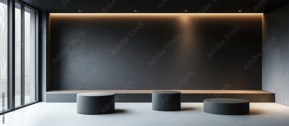 Poster minimalist charcoal gray studio room with sleek podiums and simple lighting creating an inviting atm