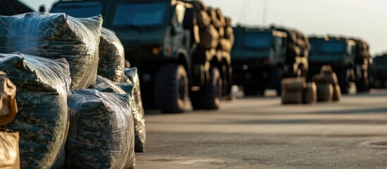 Military Supply Transport Logistics Troops Storing Ammunition with Support Vehicles in Background Blank Space for Text