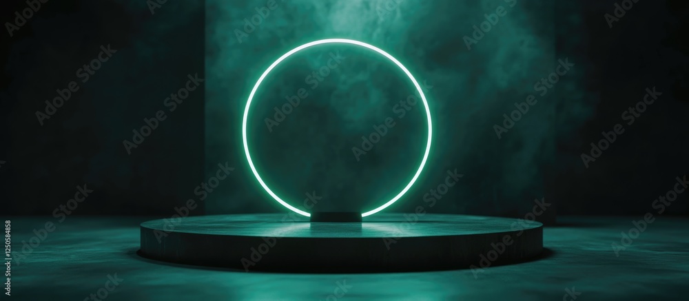 Poster minimalist 3d podium mockup featuring glowing neon circle with blurred background ideal for product 