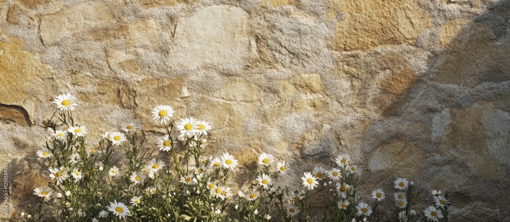 Poster daisy flowers against a textured stone wall creating an abstract natural background with beautiful p