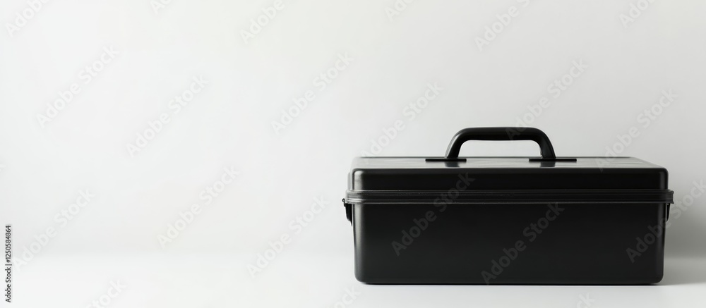 Poster minimalist black metal toolbox on white background with ample negative space for customized text or 