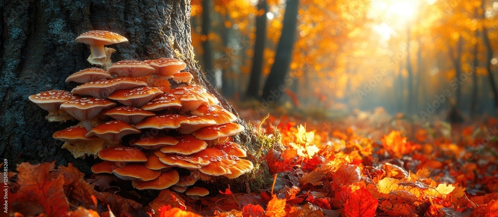 Poster colorful mushrooms on tree trunk surrounded by vibrant autumn leaves in a serene forest setting with