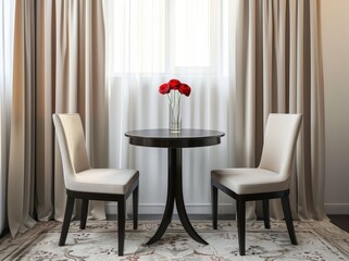 A small round table with two chairs in front of a window with curtains A vase of red flowers sits on the table