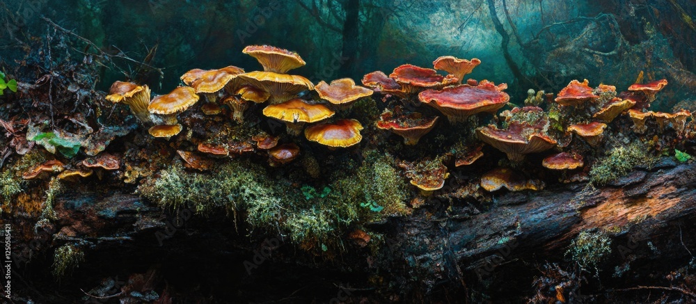 Poster mushrooms growing on a decaying tree trunk in a lush forest setting with vibrant colors and rich tex