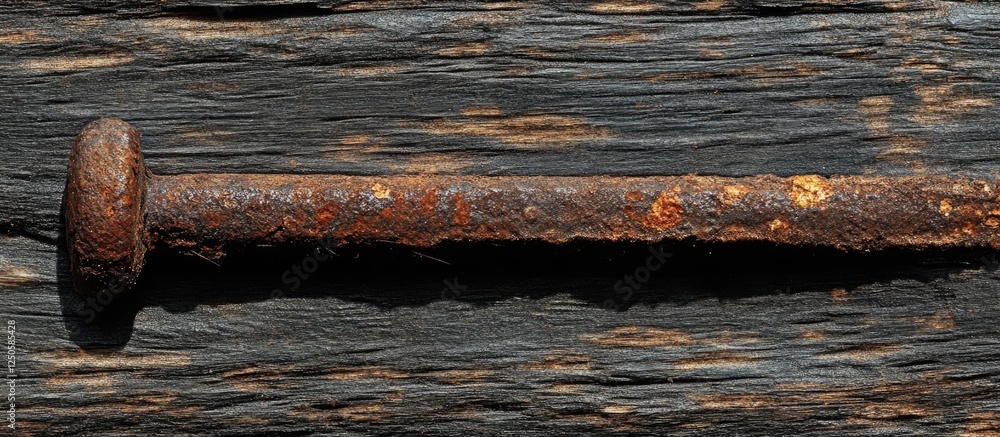 Poster macro shot of a rusty nail embedded in weathered wood emphasizing texture and decay in an industrial