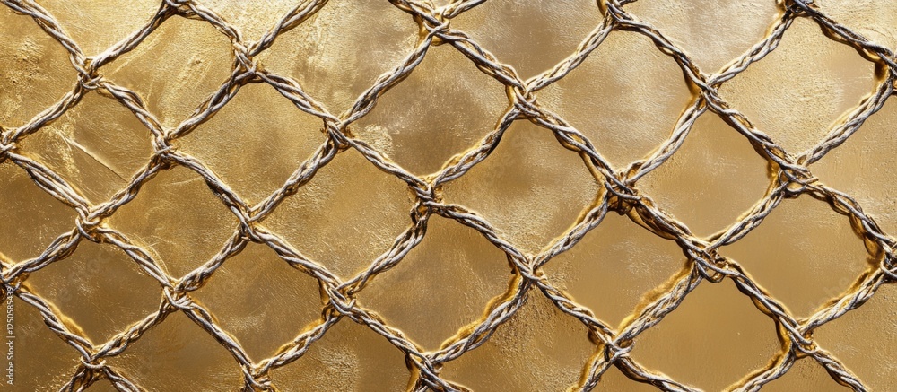 Poster metal mesh design with intricate pattern against a shimmering gold background showcasing texture and