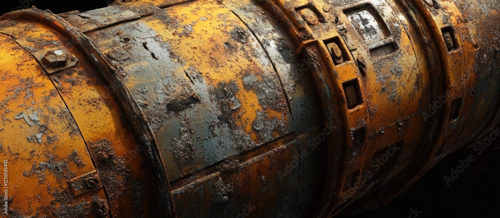 Poster rusty metal pipe machinery showcasing intricate scratches and cracks in a close-up view emphasizing 