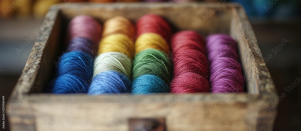 Poster colorful thread spools arranged neatly in a rustic wooden box showcasing a vibrant spectrum of hues 