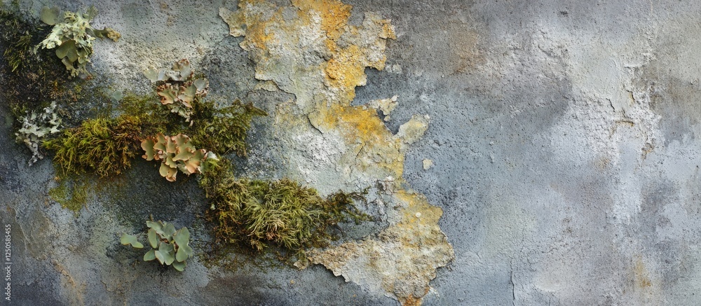 Poster textured weathered cement wall with moss and peeling paint creating a rustic background for artistic