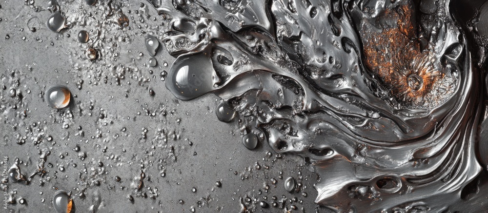 Poster close-up of metallic gray texture featuring detailed water droplets and fluid patterns creating an a