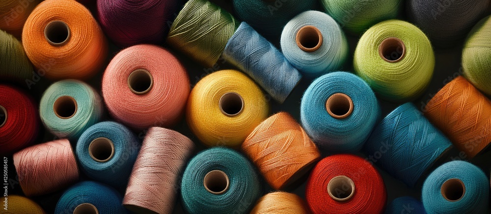 Poster vibrant assortment of spool threads in various colors arranged in a large intricate pile ideal for c