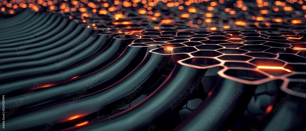 Poster abstract dark hexagon grid with illuminated lines and orange glows