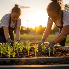 Eco Aesthetic Garden Young Adults Engage in Urban Planting Project with Sustainable Tools and Fresh Soil - Modern Green Lifestyle and Community Conservation Initiative