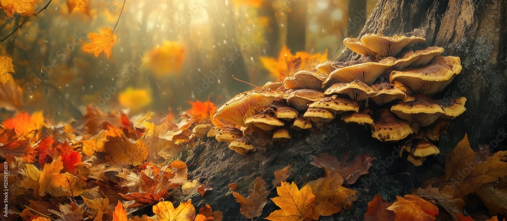 Poster mushroom cluster thriving on tree bark in autumn forest with colorful foliage and soft sunlight crea