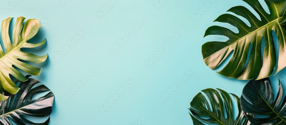 Poster minimalist workspace with tropical leaves on a turquoise background ideal for graphic design or text